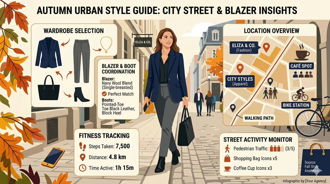 Diagram showing different heel and boot types paired with structured blazers, including silhouette and material examples