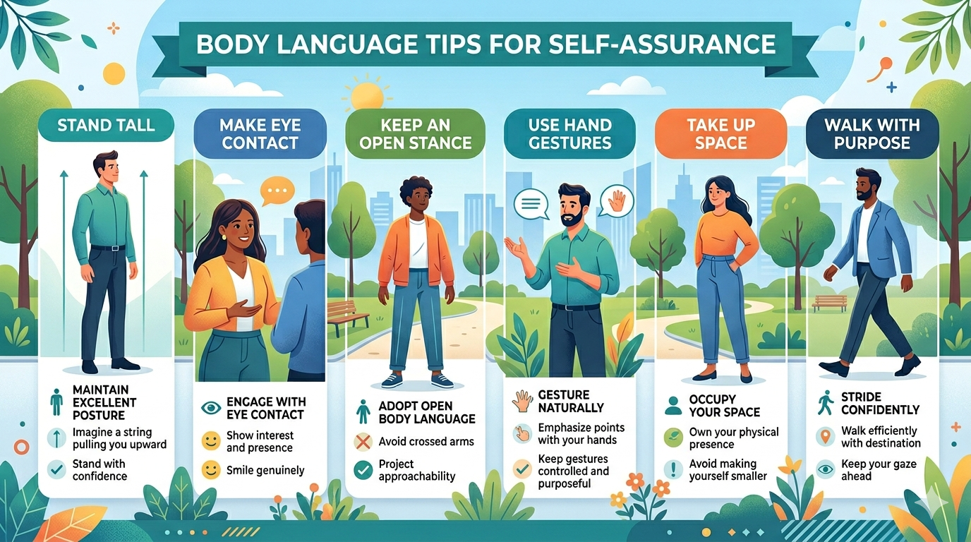 Diagram showing posture, gestures, eye contact, and facial expressions as components of body language
