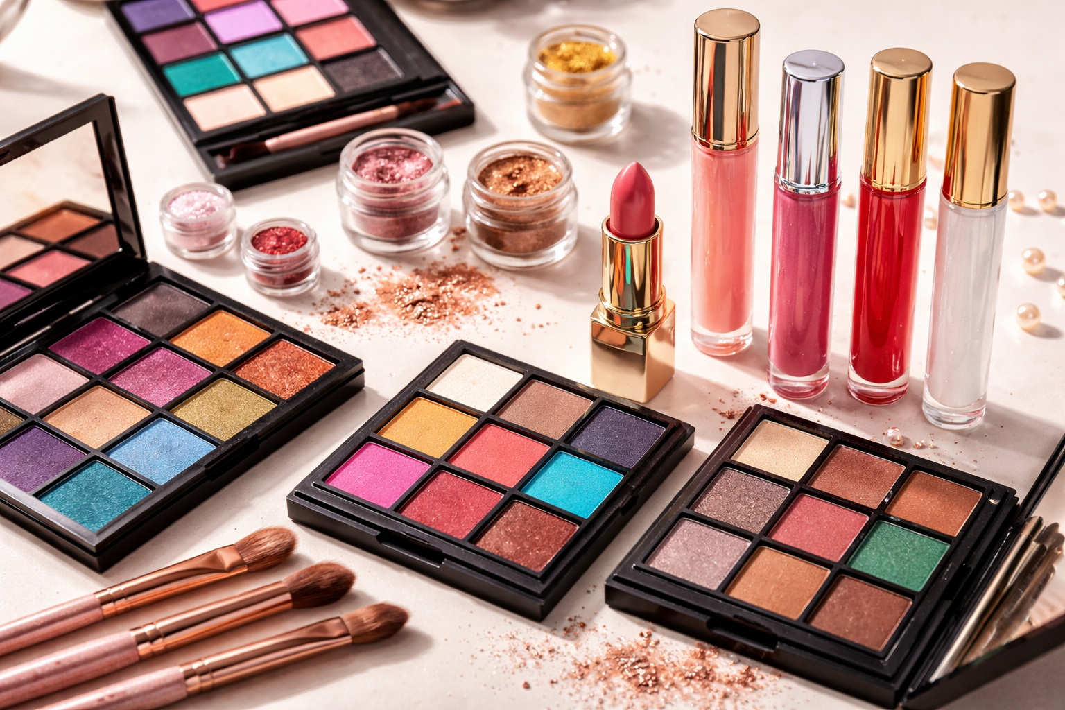 Close view of colorful eyeshadow palettes and glossy lip cosmetic tubes arranged on a neutral surface