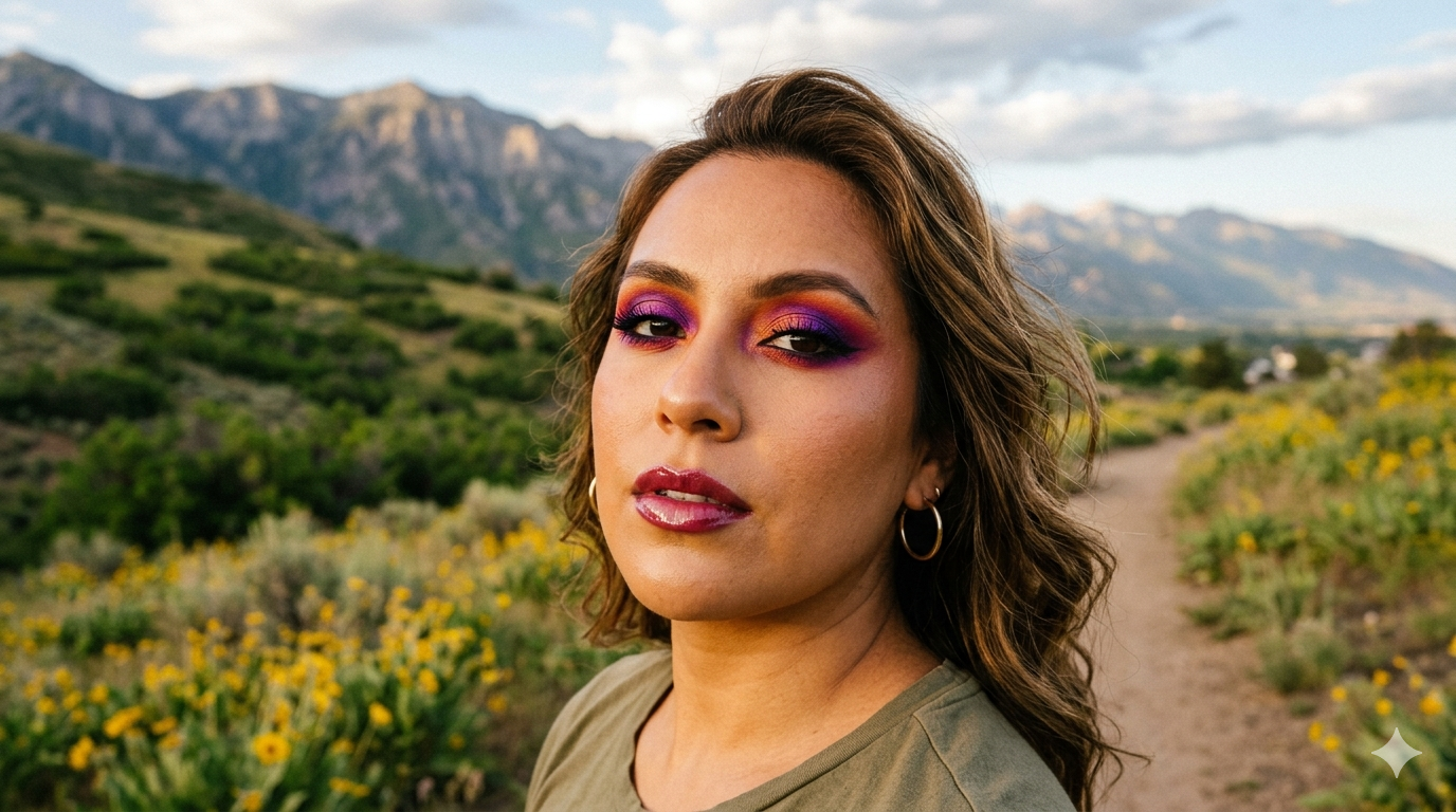 Close-up portrait displaying vivid pigmented eyeshadow and reflective glossy lip finish under studio lighting.