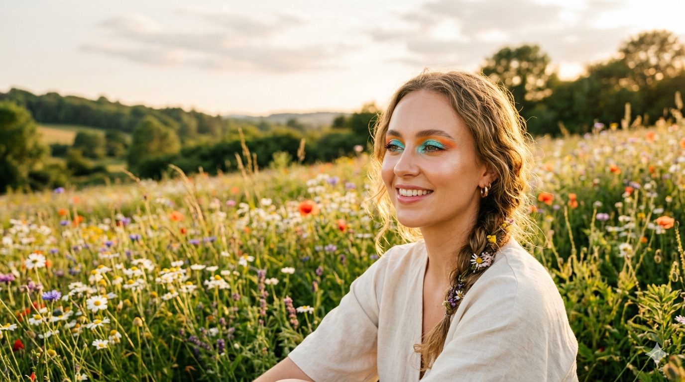 Close-up view of eyelids with colorful eyeshadow and a soft luminous cosmetic finish