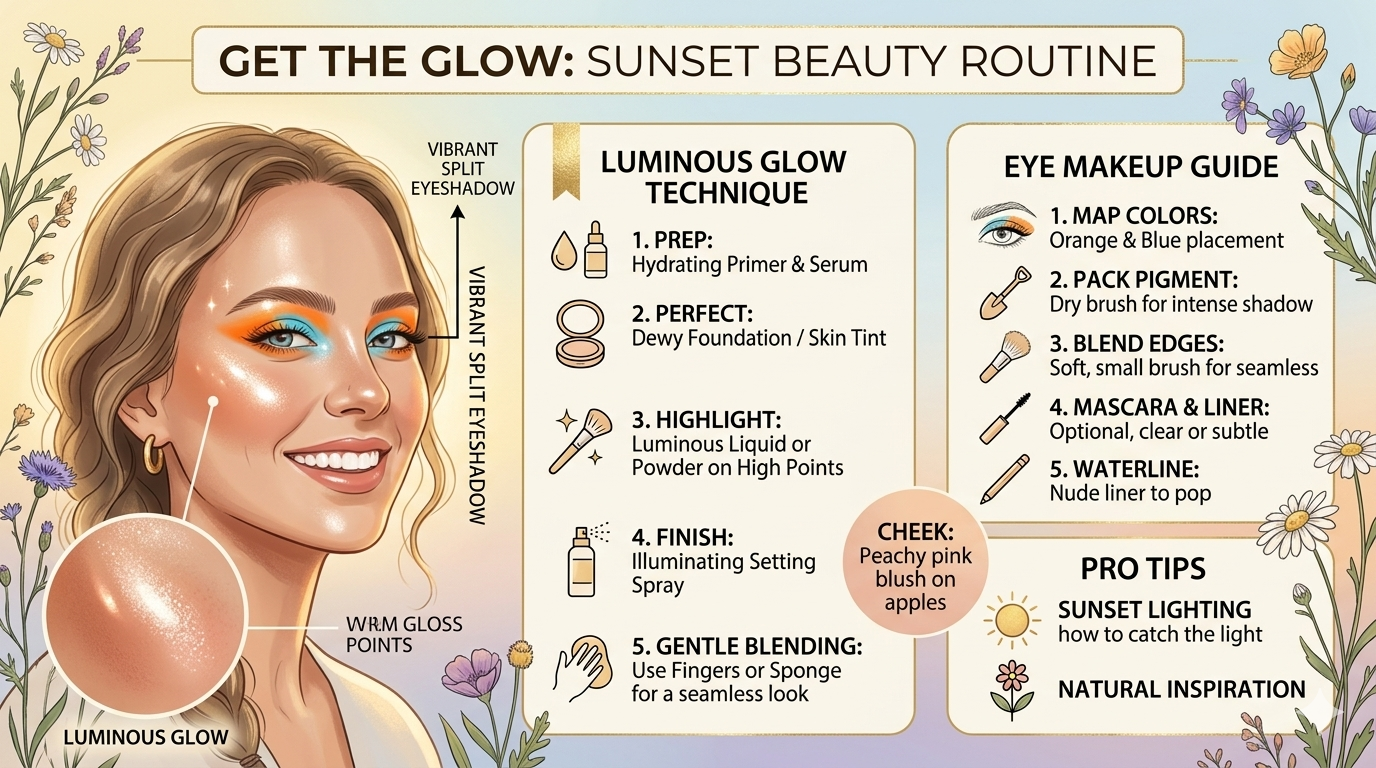 Illustrated eyelid diagram showing bright eyeshadow color areas and soft glow cosmetic finishes