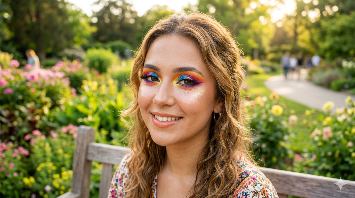 Close view of eyelids with vivid eyeshadow shades and lighter cosmetic applied beneath the eyes.