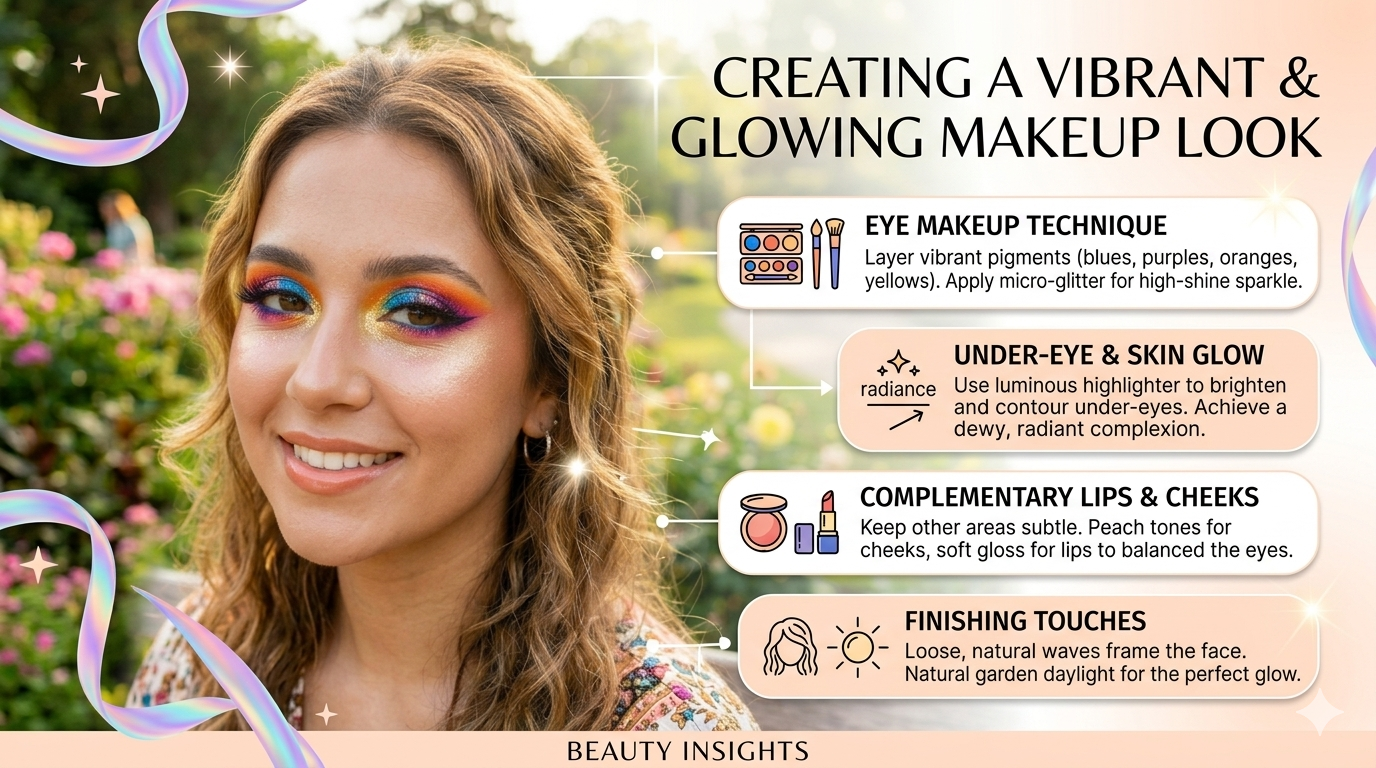 Illustrated diagram showing eyelid areas with bright eyeshadow and the lower eye area with lighter cosmetic product.