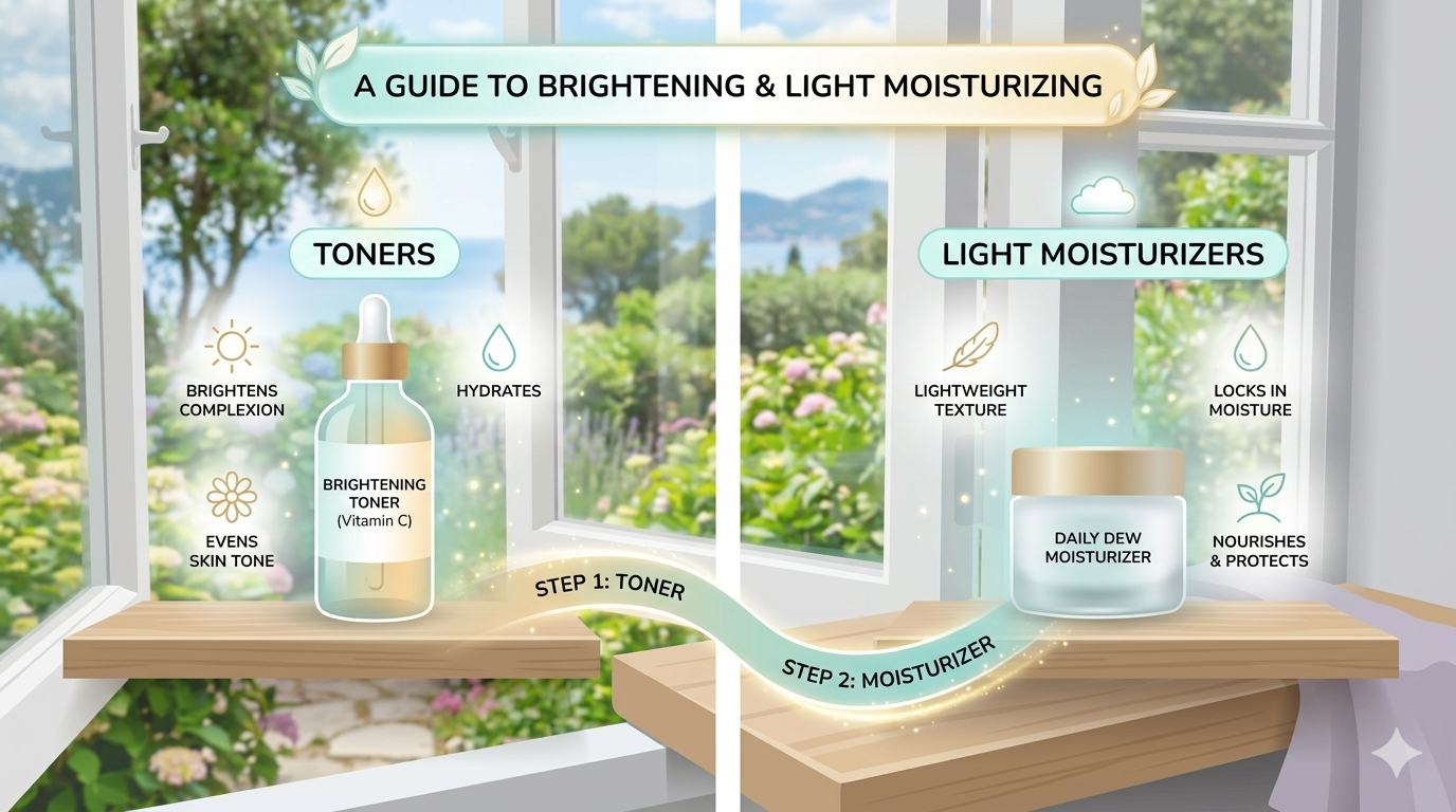 Diagram illustrating toner and light moisturizer categories with labels for texture types and ingredient groups.