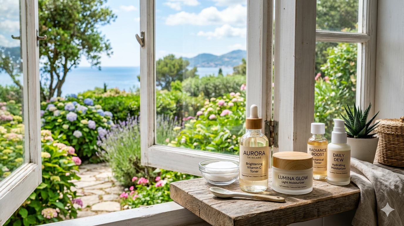 Clear bottles and jars labeled toner and moisturizer arranged on a neutral background with soft lighting.