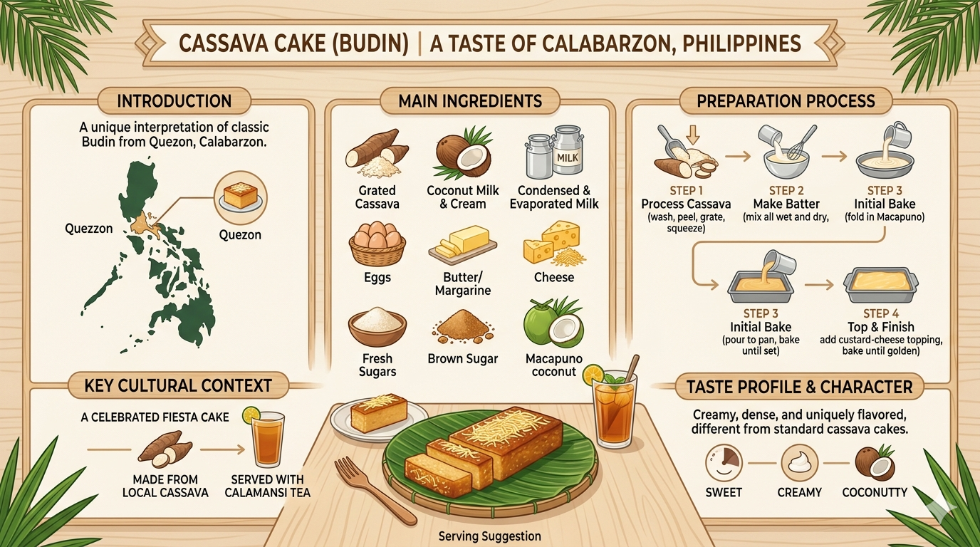 Graphic showing cassava, coconut milk, sugar, and eggs arranged with labels indicating food components