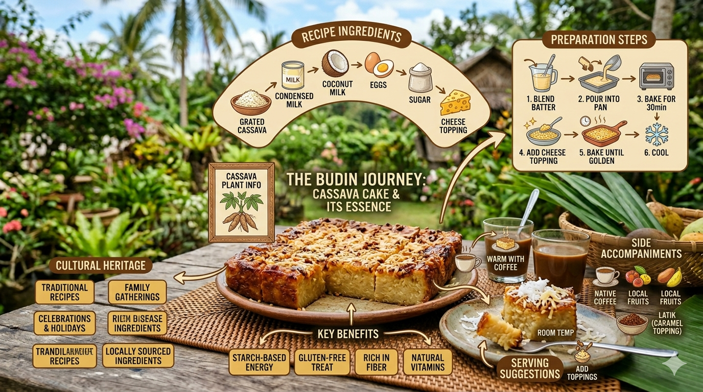 Infographic showing cassava cake ingredients and step-by-step preparation from mixing to baking