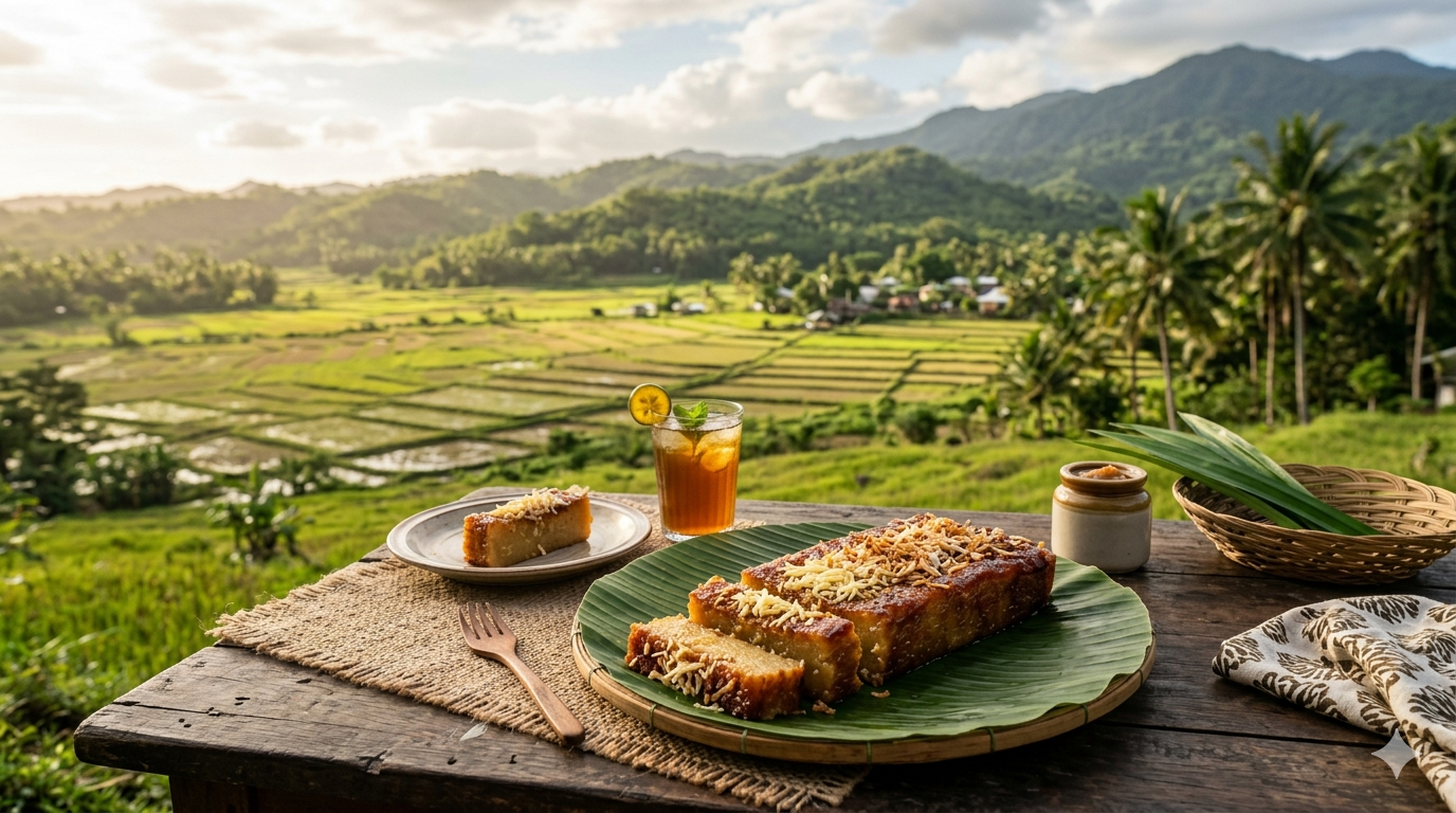Cassava cake with a golden top surface cut into squares and arranged on a serving tray
