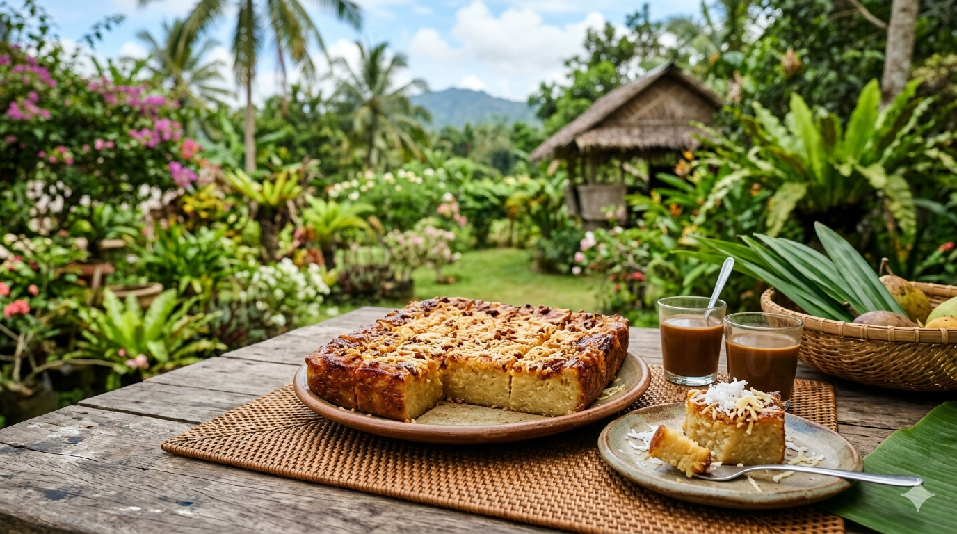budin-cassava-cake-sliced-portions. Cassava cake with a golden top layer cut into rectangular slices on a serving tray