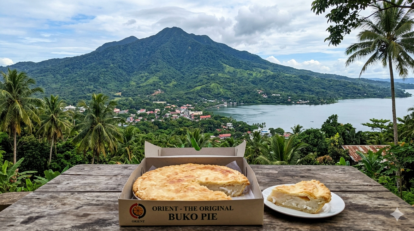 Top view of a freshly baked Buko Pie on a neutral background