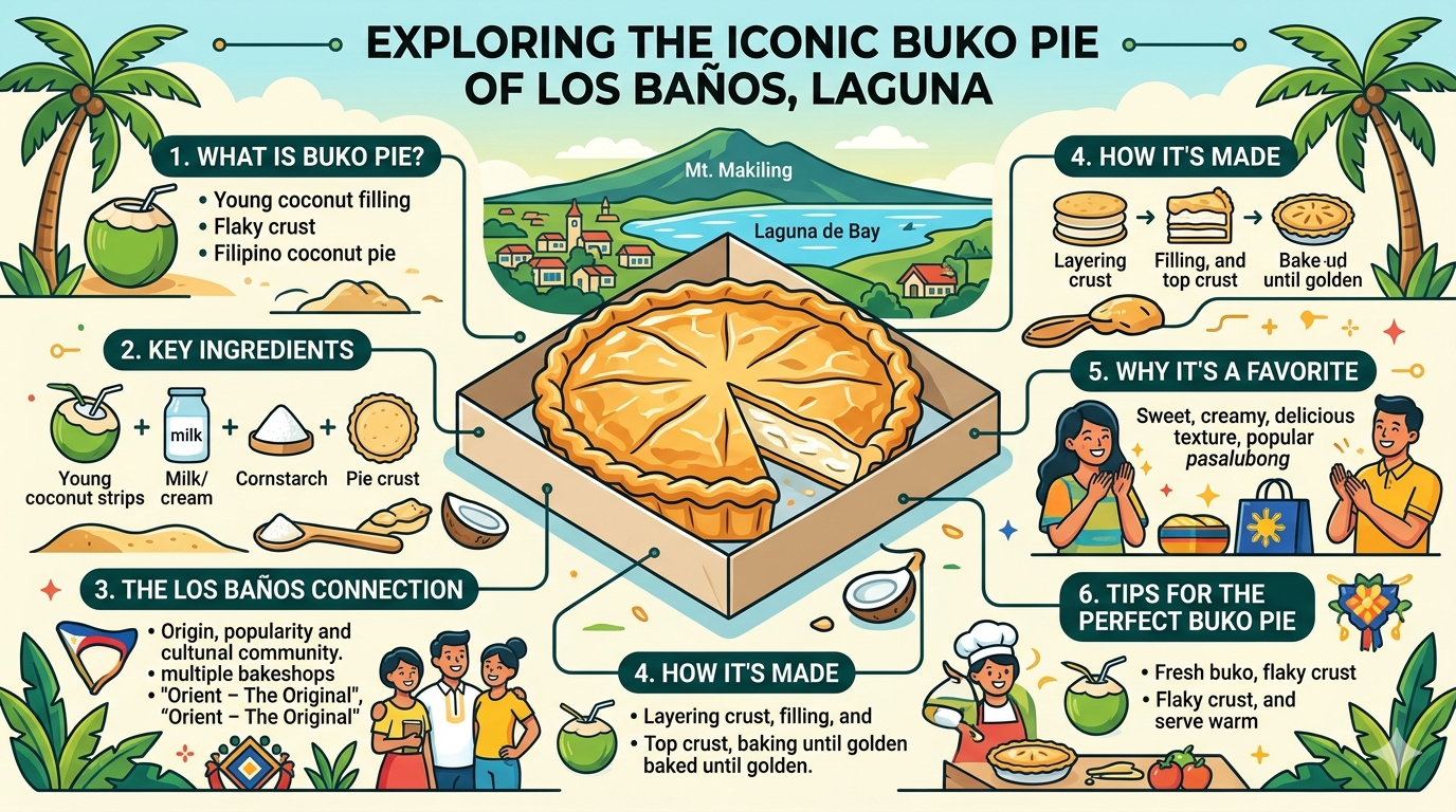 Illustrated breakdown of Buko Pie ingredients and crust layers