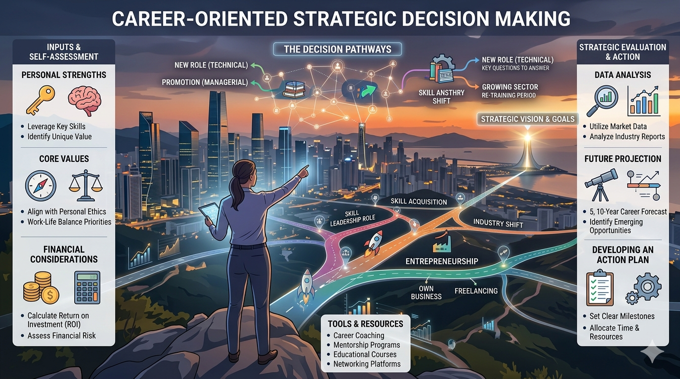 Flow diagram showing stages such as identifying options, reviewing information, and evaluating possible outcomes