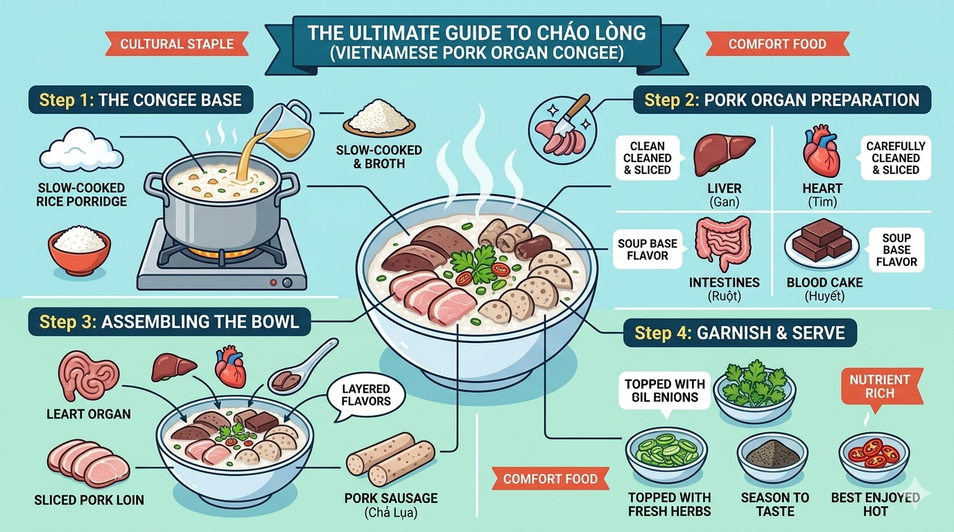 Illustrative infographic showing typical Chao Long ingredients and approximate macronutrient distribution.