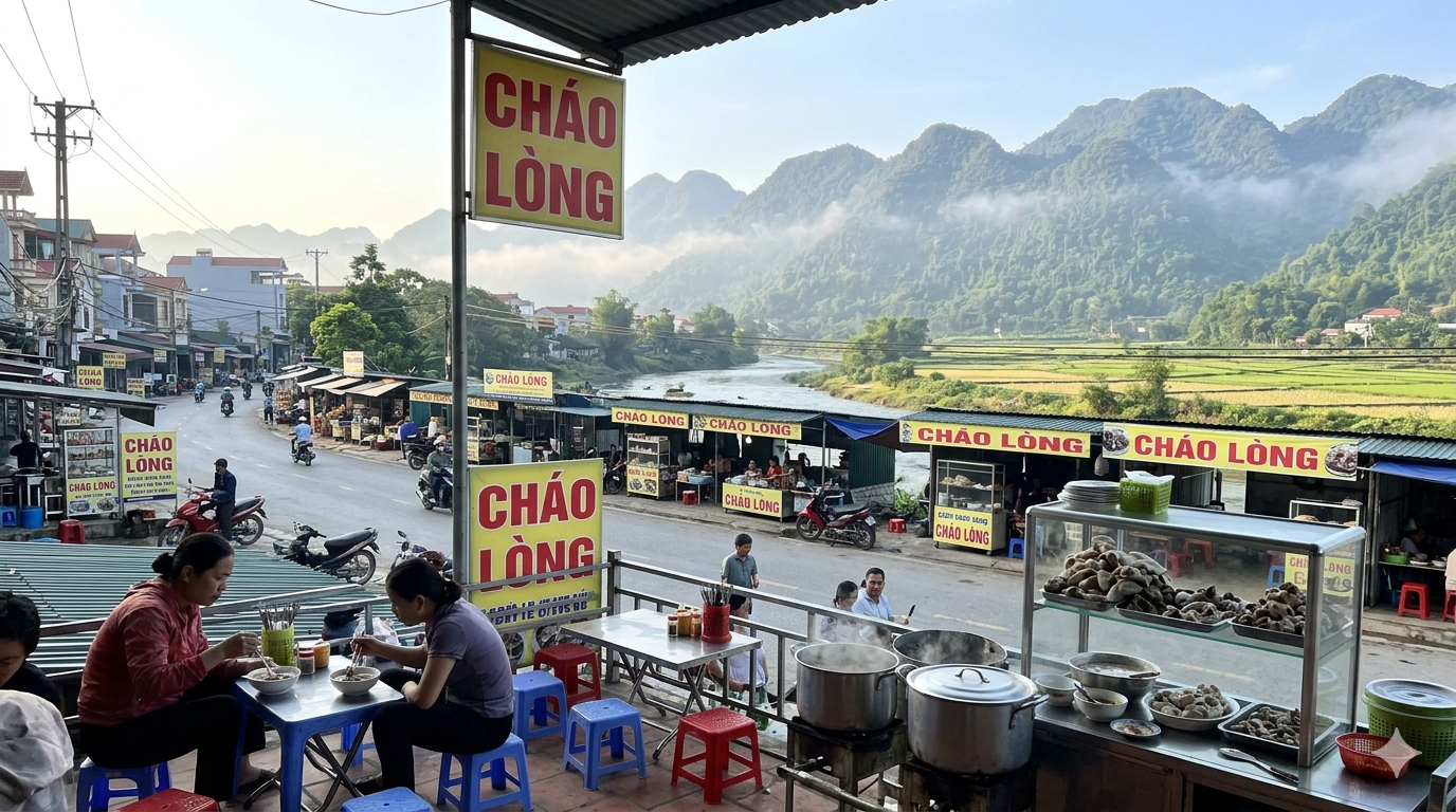 chao-long-soup-ingredients. Top-down view of Chao Long soup with noodles, herbs, vegetables, and sliced meats in a ceramic bowl.