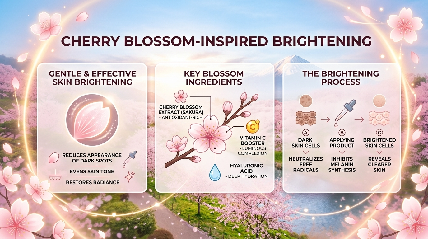 Infographic showing cherry blossom inspired cosmetic elements including color palette, ingredients, and packaging design