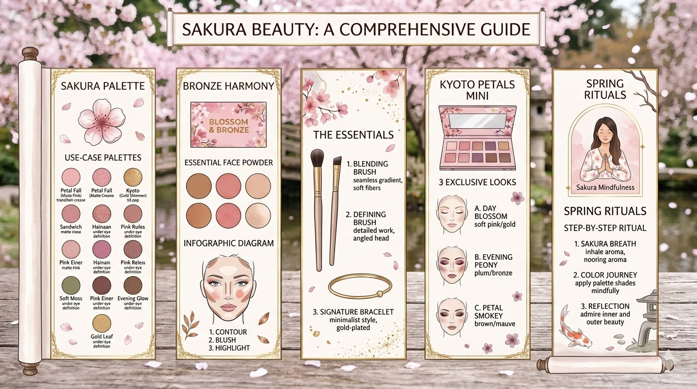 Infographic displaying common eyeshadow colors associated with cherry blossom themes including pale pink, coral, mauve, and champagne.