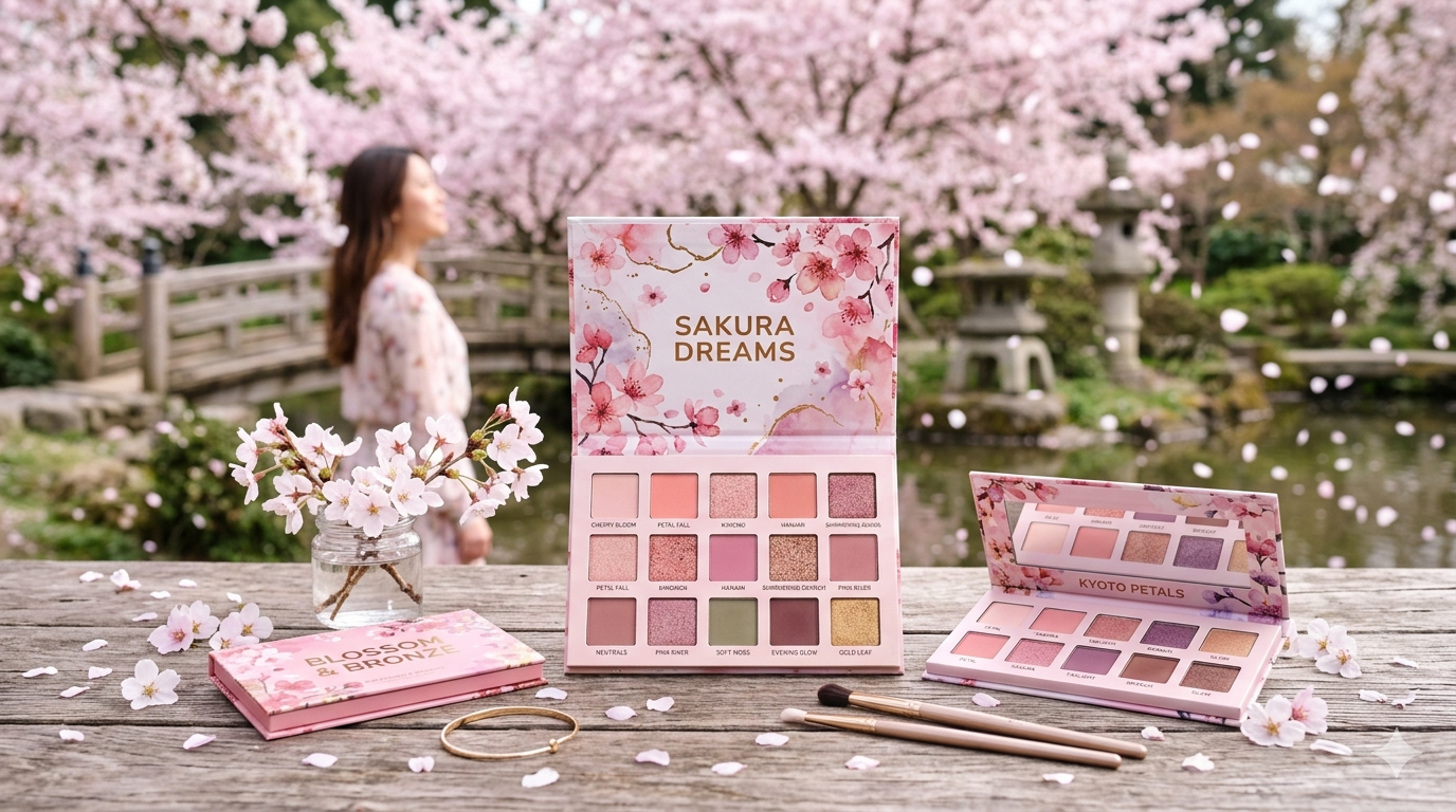 Eyeshadow palettes with pink and mauve shades placed beside cherry blossom flowers on a pastel background.