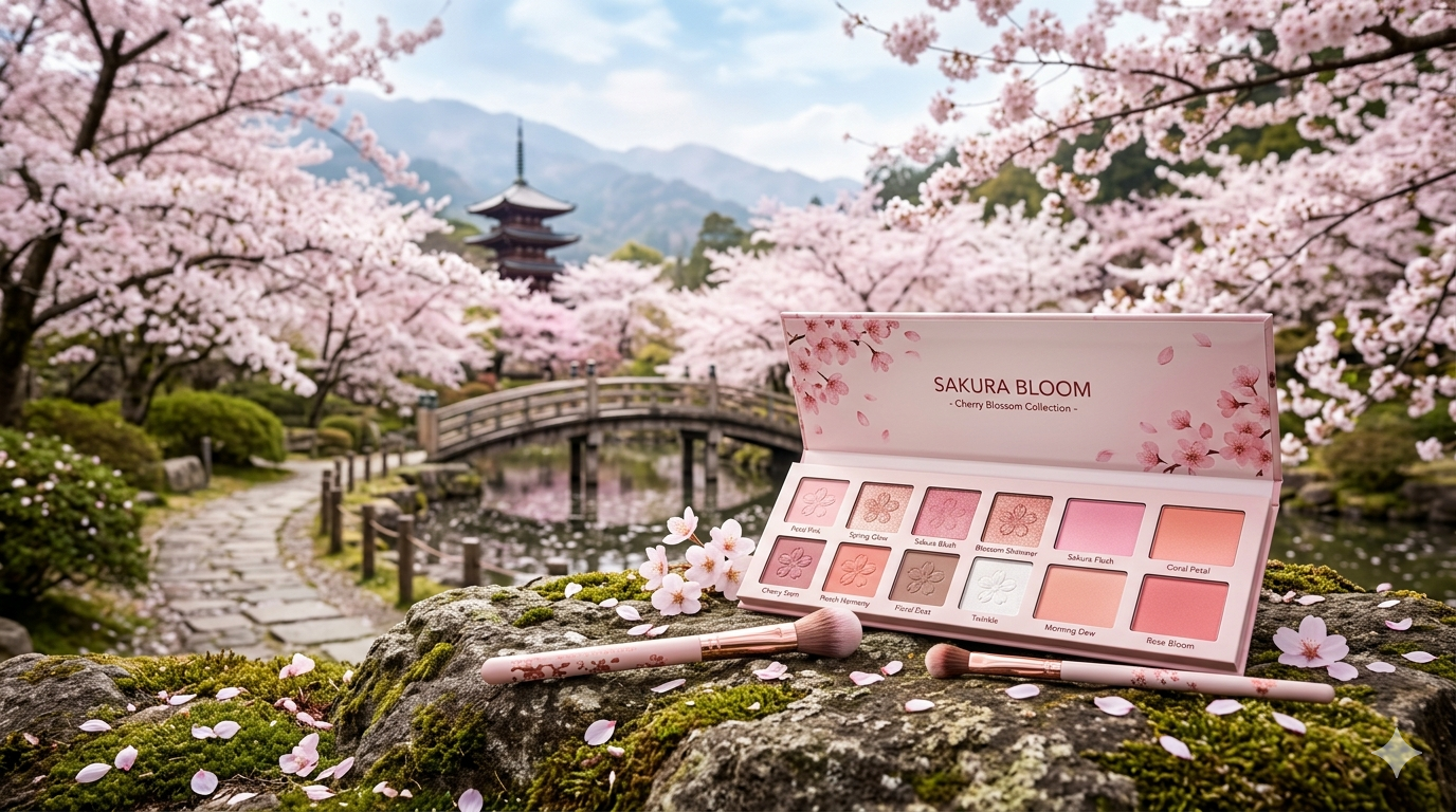 Pink eyeshadow palettes and blush powders arranged beside cherry blossom flowers on a light background