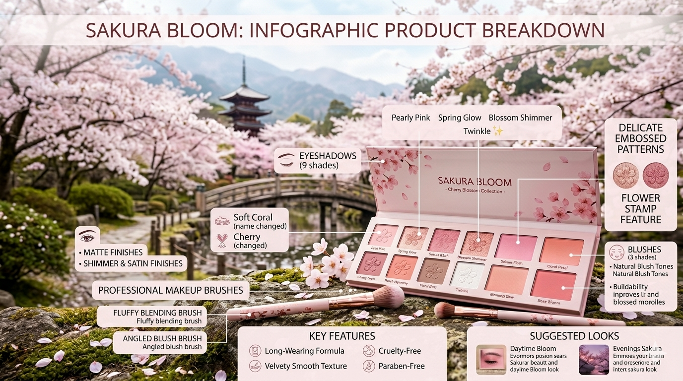 Infographic showing pink color tones associated with cherry blossom inspired eyeshadow and blush products