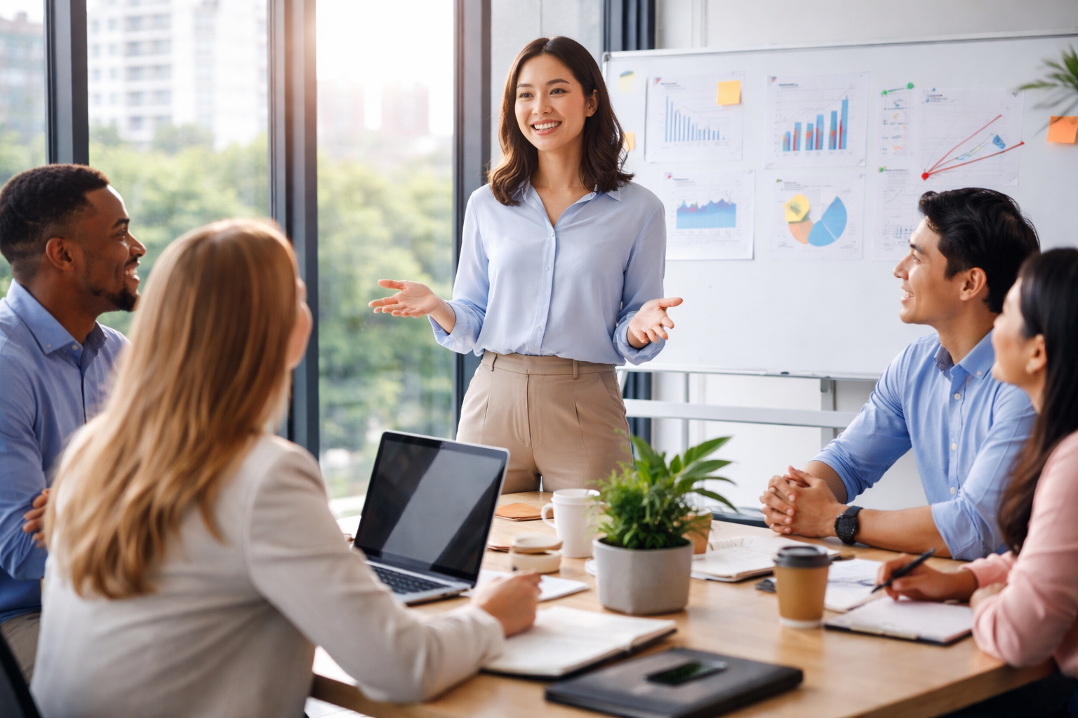 confidence-social-interaction-office. Professional speaking to a group while others listen in a modern office meeting space