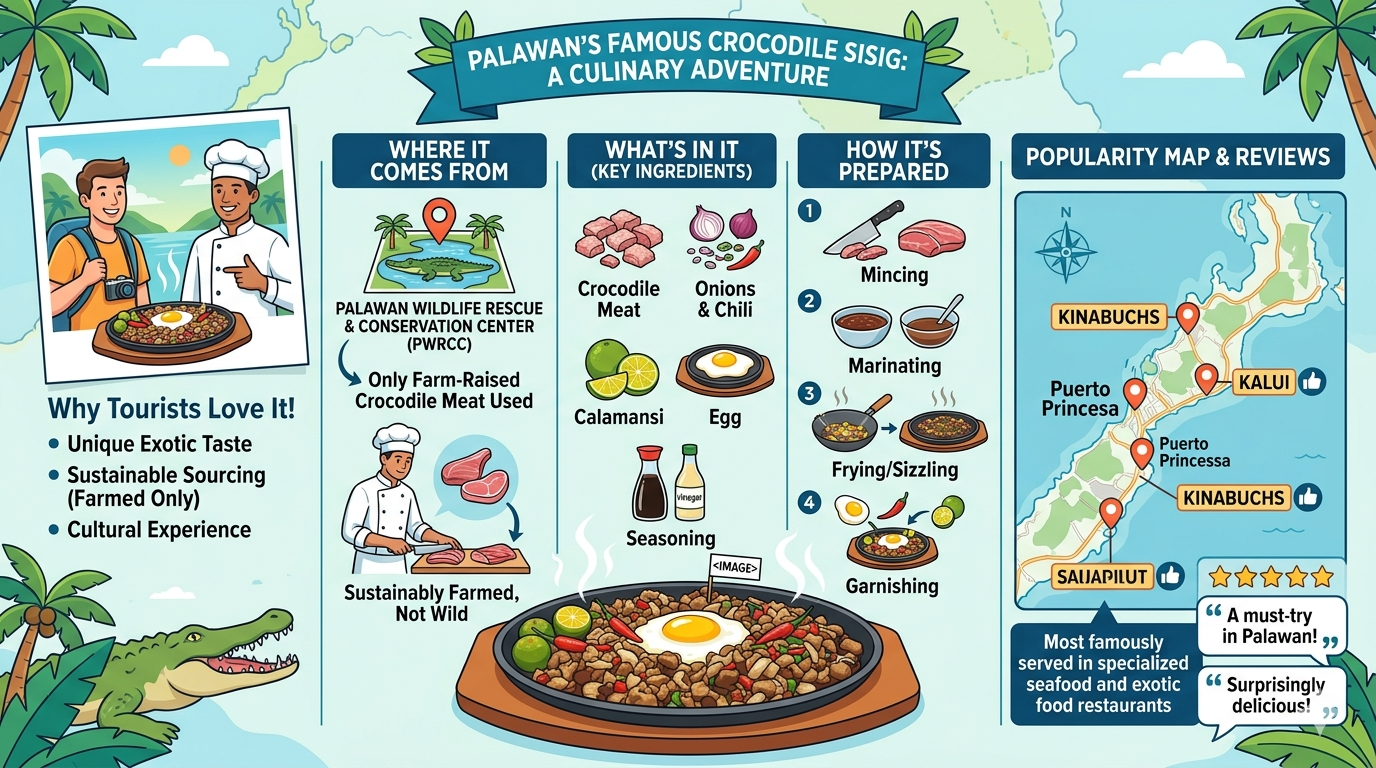 Infographic showing nutrient composition and preparation overview of crocodile sisig.