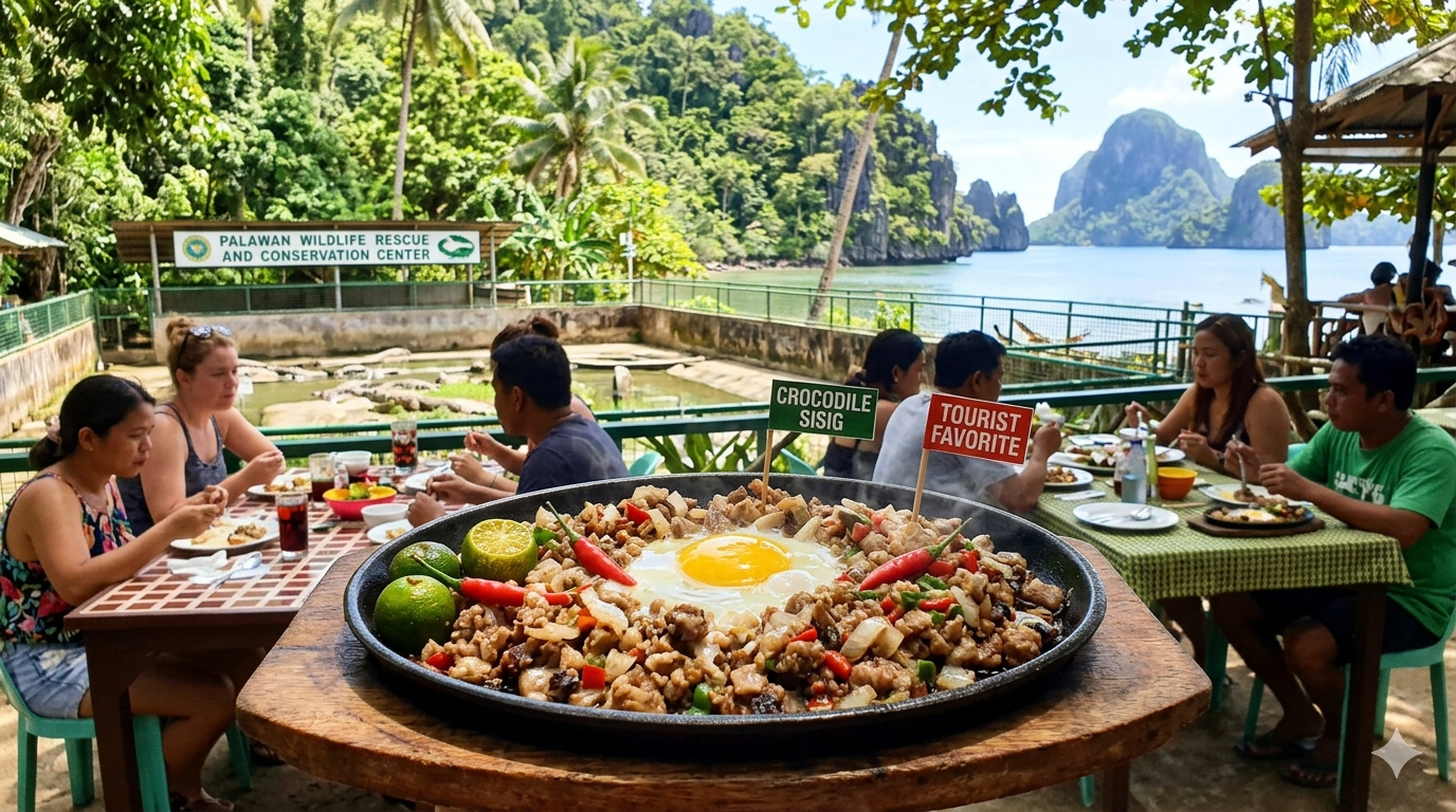 Plate of crocodile sisig with garnish on a traditional Filipino serving dish.