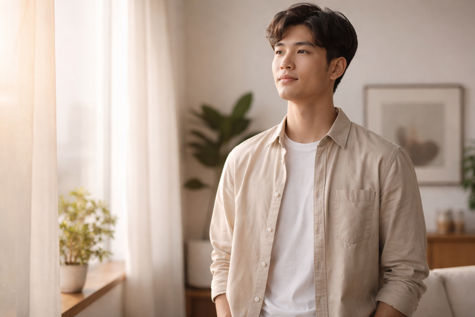 An individual standing calmly in a softly lit environment with neutral tones and relaxed posture