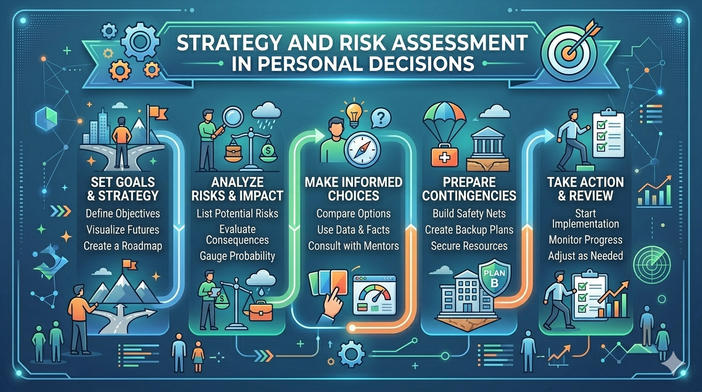 decision-strategy-risk-concept. Abstract illustration showing branching paths and symbols representing uncertainty and decision-making concepts