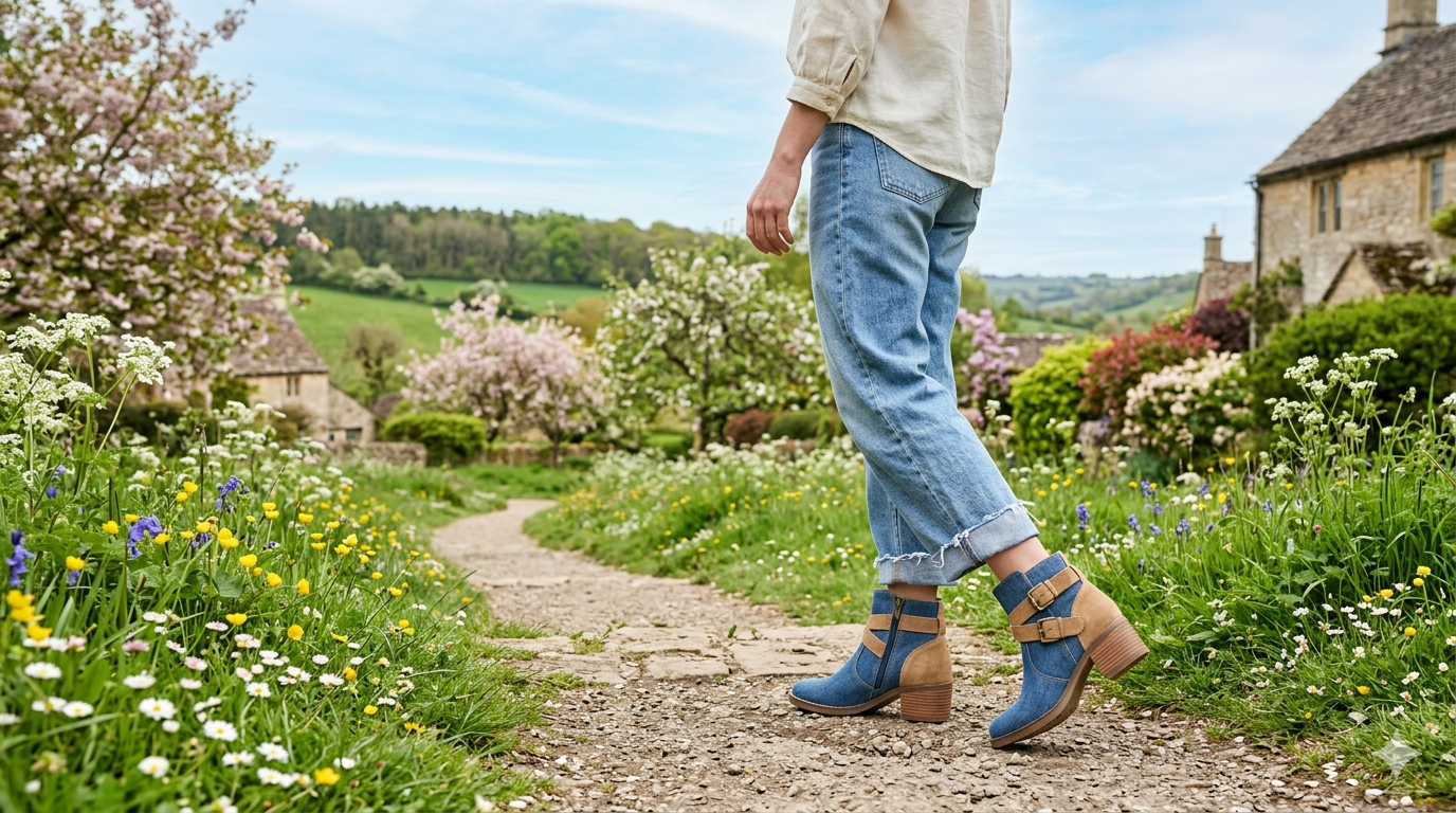 Denim jeans styled with suede ankle booties against a neutral spring background