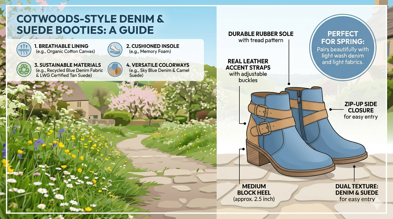 Infographic displaying denim fabric structure, suede texture, and examples of color and material contrast in clothing