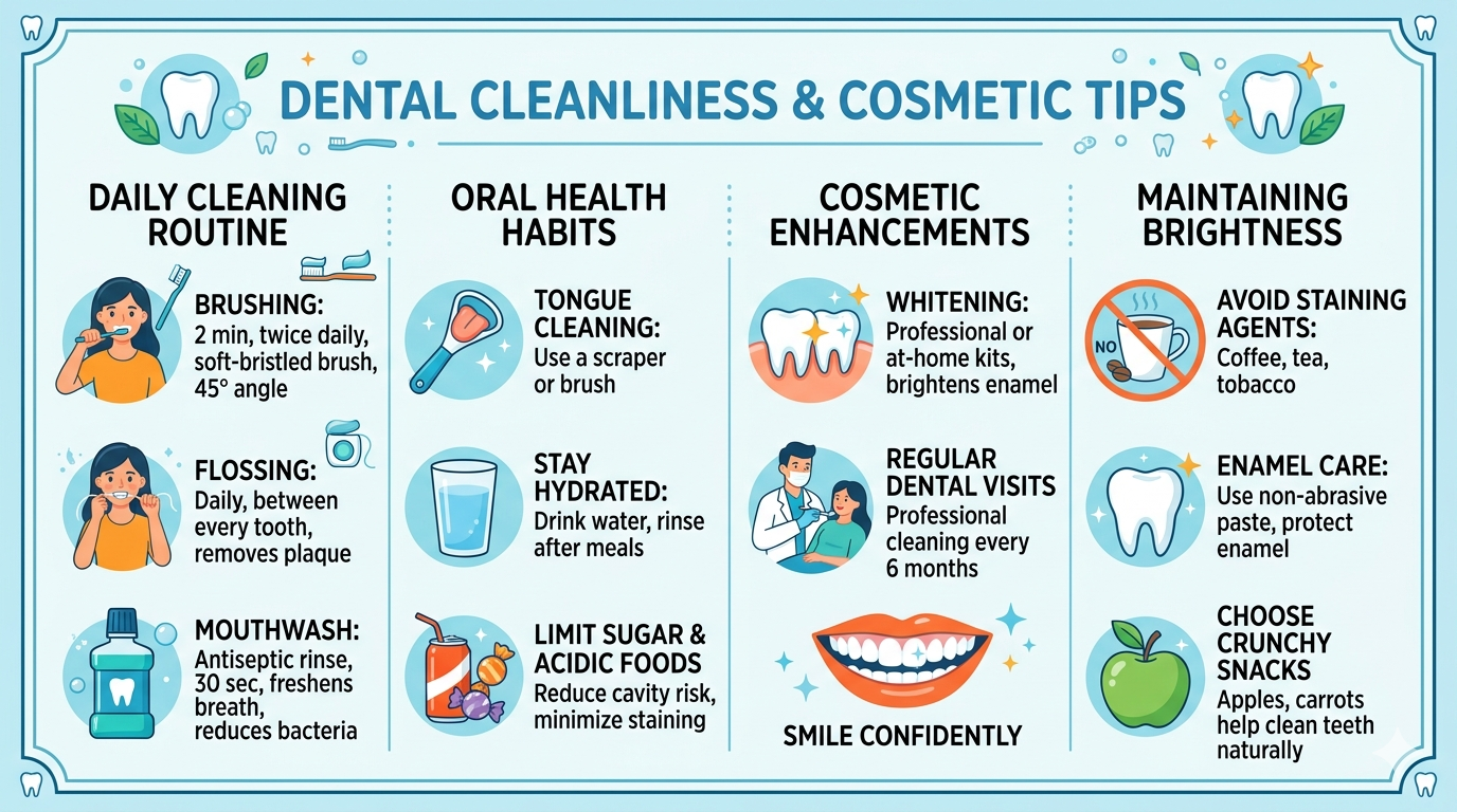 Dental model of teeth placed beside a toothbrush and dental mirror on a clean clinical surface.