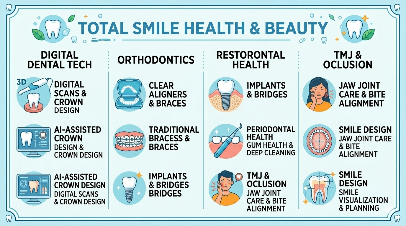 Infographic showing tooth structure, oral hygiene tools, and examples of cosmetic dental procedures.