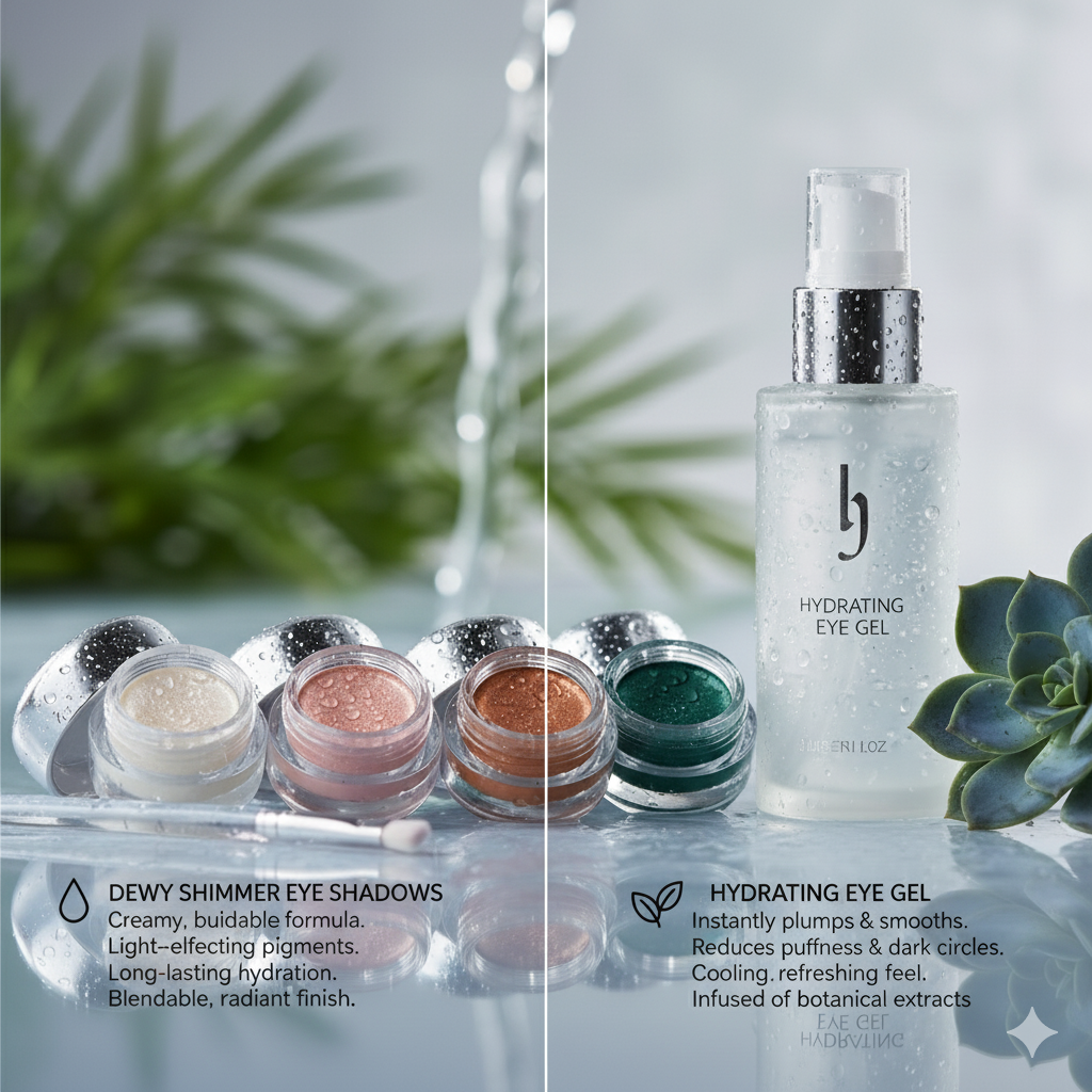 Graphic layout showing cosmetic eye shadow textures alongside a jar containing gel formulation with simple labeled sections.