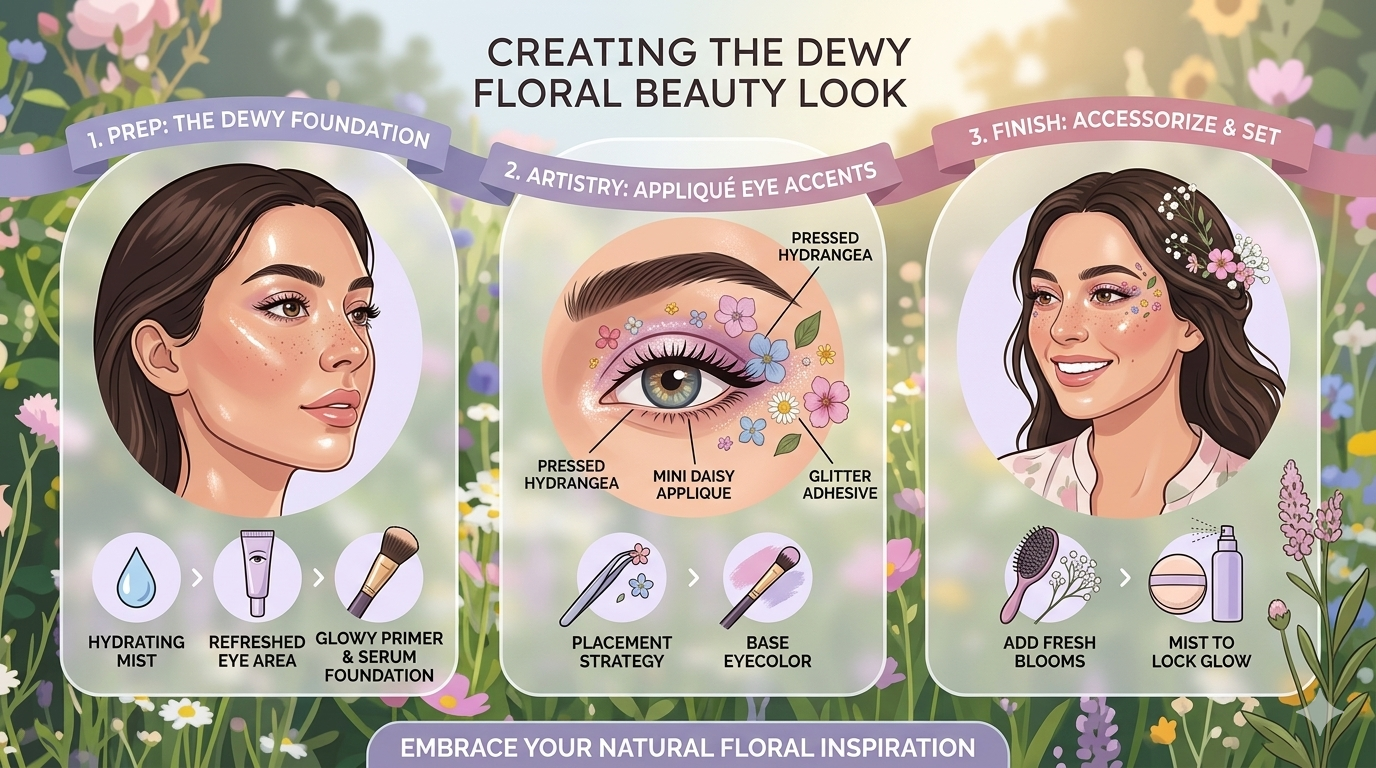 Infographic showing visual elements associated with dewy skin appearance and floral-inspired eye makeup color palettes.
