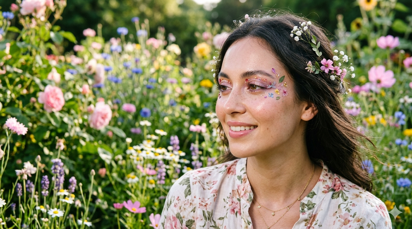 Close-up portrait showing luminous skin finish with soft pastel eye makeup tones resembling floral colors.