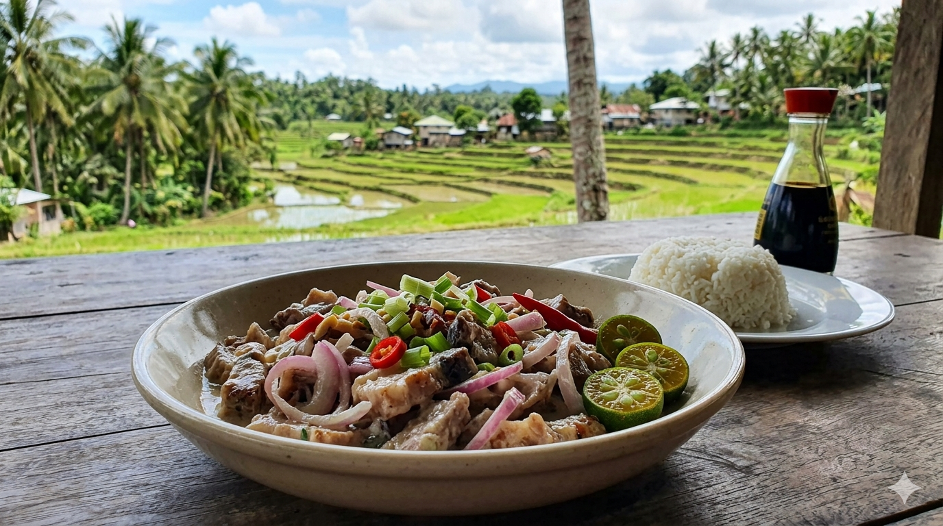 dinakdakan-filipino-dish-cover. Chopped grilled pork mixed with onions and citrus served in a bowl on a wooden table