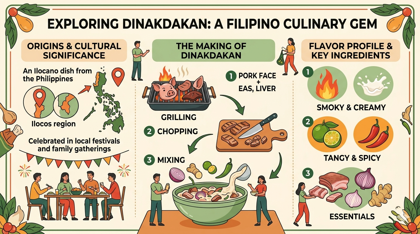 Visual layout showing pork, onions, citrus, and preparation steps used in making dinakdakan