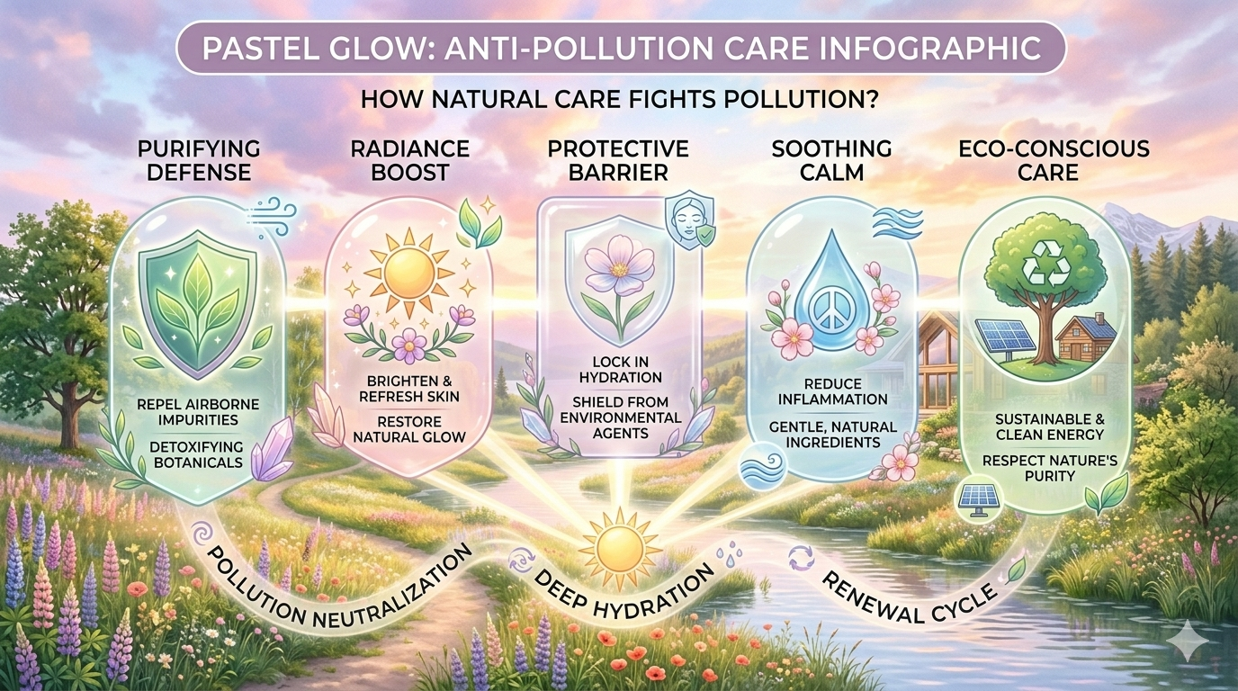 Diagram showing environmental particles, urban settings, and skin surface layers used in discussions about anti-pollution skin care concepts.