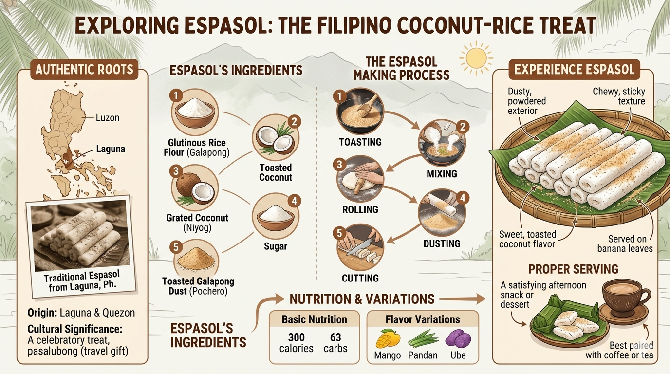 Diagram showing glutinous rice flour, coconut milk, sugar, and toasted rice flour in espasol.