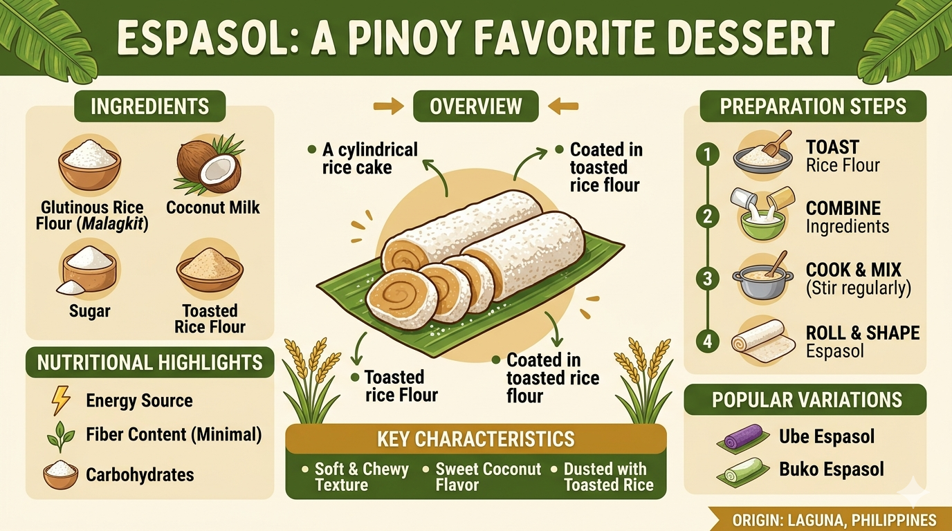 Illustration of espasol ingredients: glutinous rice flour, coconut milk, sugar, and toasted rice flour.