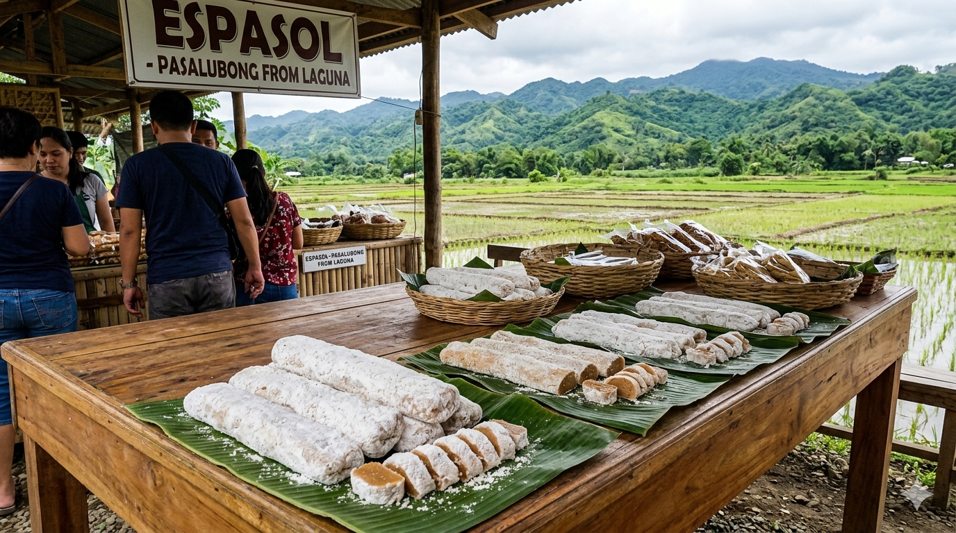 Close-up of cylindrical espasol dusted with rice flour on a neutral background.
