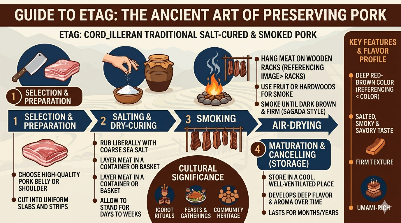 Diagram showing steps of salting, drying, and smoking pork along with general nutrient components