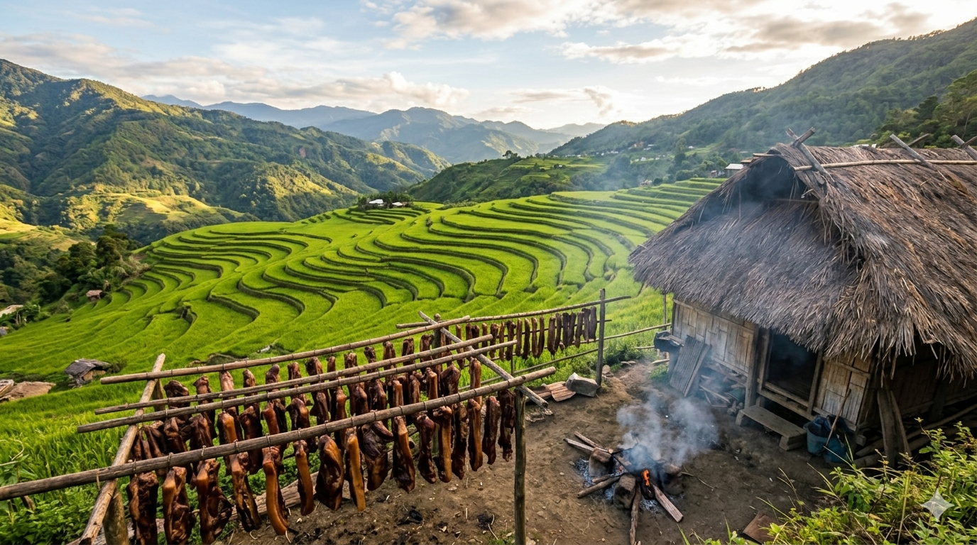 etag-salted-smoked-pork-cover. Slices of salted smoked pork hanging to dry in a traditional preparation setting