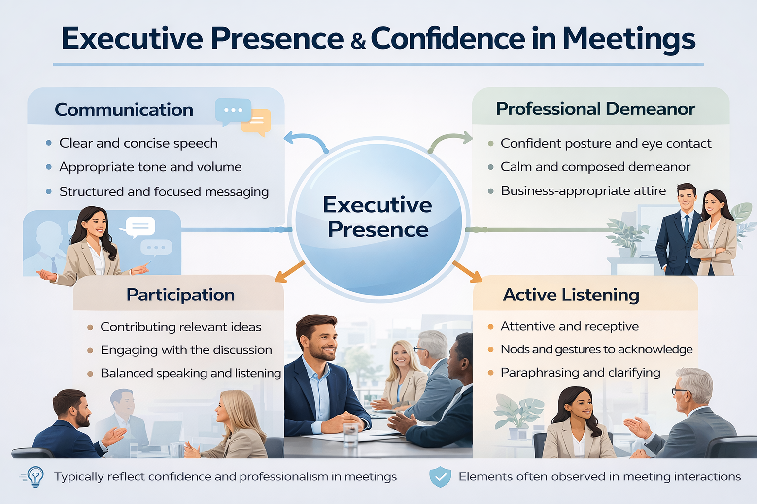 Infographic showing communication patterns and interaction elements in professional meetings