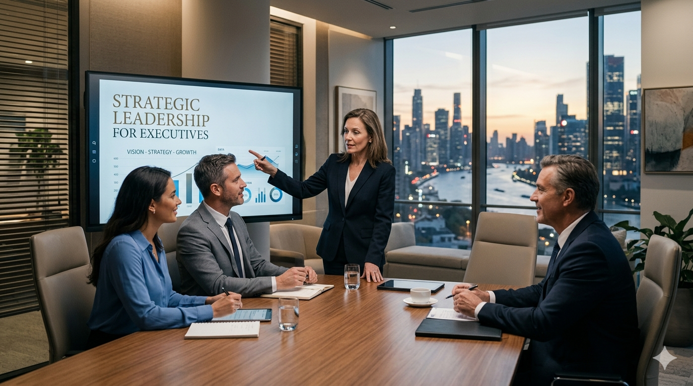 executive-strategic-leadership-boardroom. Executives reviewing reports and charts during a boardroom meeting