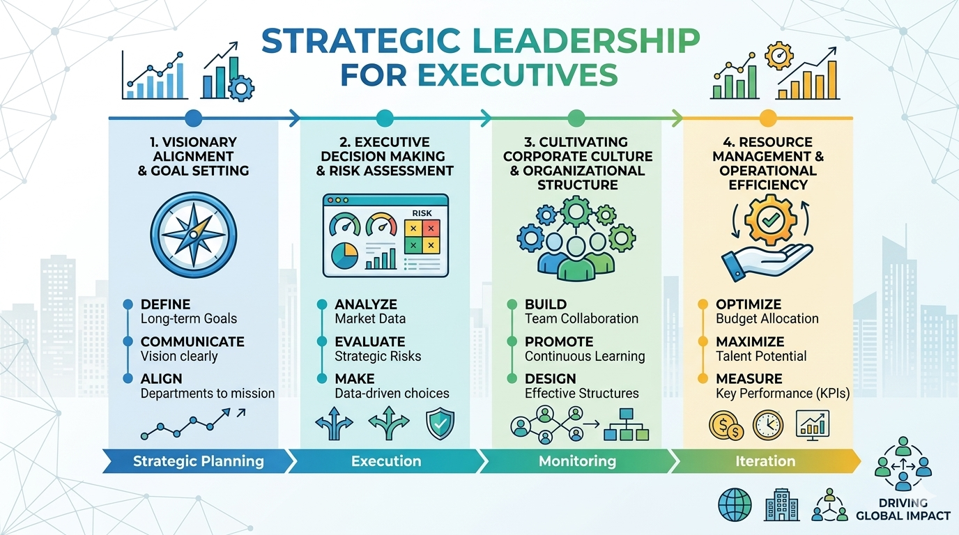 Infographic showing elements such as planning, decision-making, communication, and organizational alignment
