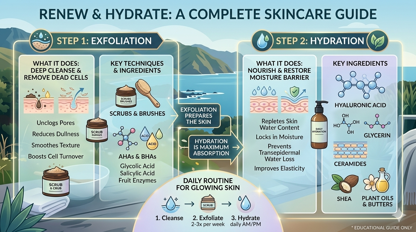 Diagram showing layers of skin with arrows indicating exfoliation of surface cells and moisture retention within the skin barrier
