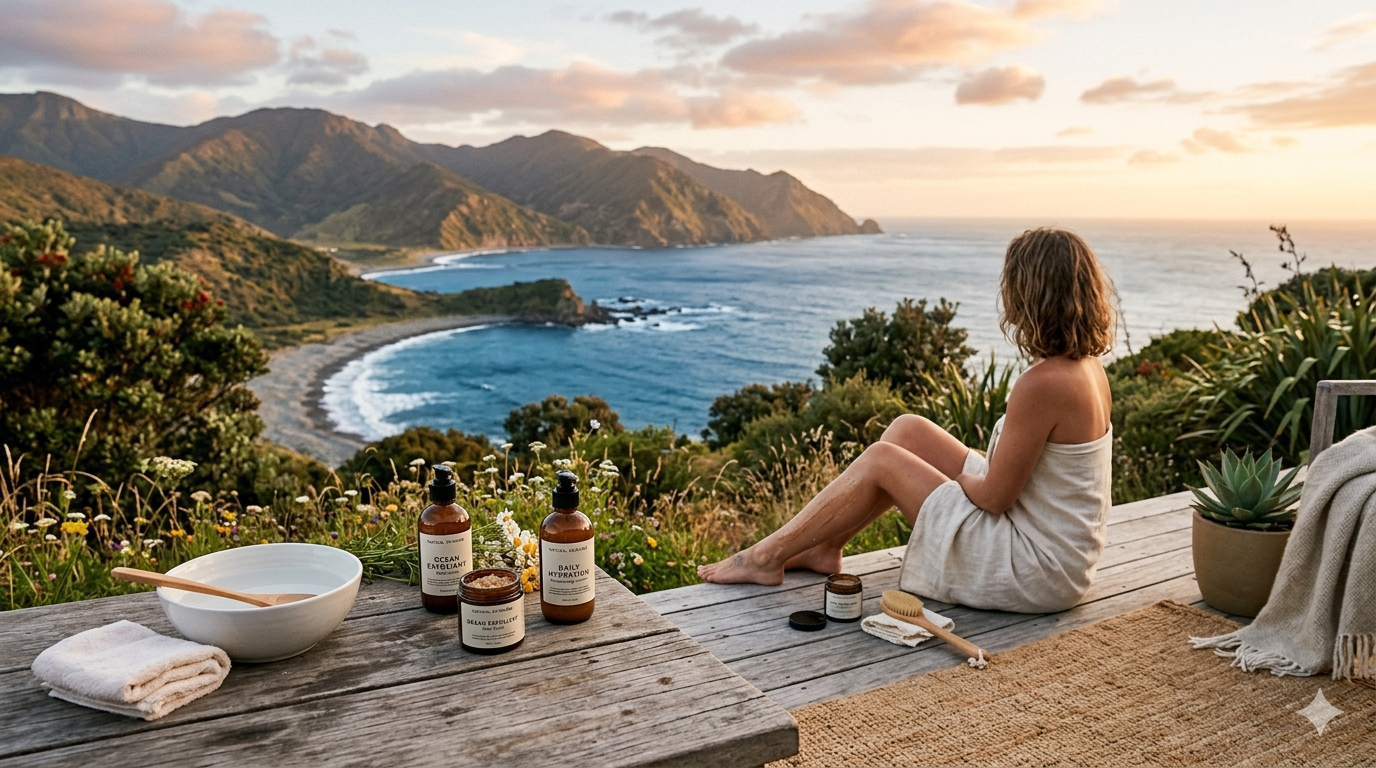 Close-up of skin texture with water droplets and gentle exfoliating particles on a neutral background