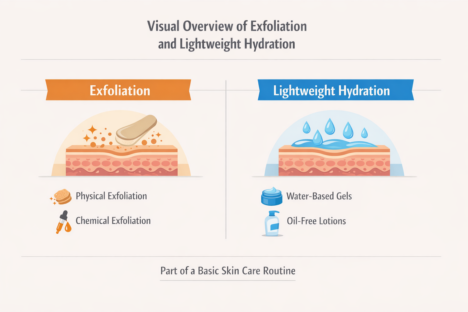 Simple diagram showing two labeled sections representing exfoliation and lightweight hydration within a basic skin care routine layout.